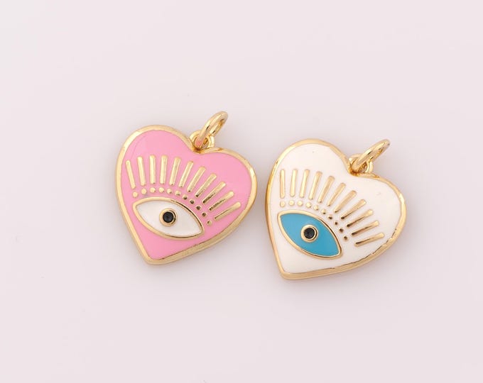 1 pcs Gold Enamel Evil Eye Pendant,18K Gold Filled Heart Charm,Devil Eye Charm DIY Bracelet Necklace Jewelry Making Findings Supply