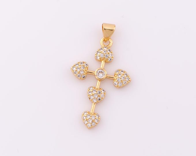 1 pcs Gold CZ Cross Pendant,18K Gold Filled Religion Charm,Heart Charm DIY Bracelet Necklace Jewelry Making Findings Supply