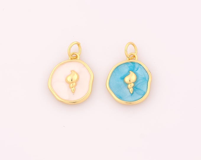 1 pcs Gold Enamel Conch Pendant,18K Gold Filled Round Charm,Conch Charms DIY Bracelet Necklace Jewelry Making Findings Supply