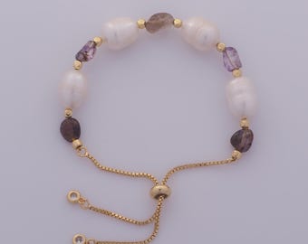 1 Str Gold Pearl Opal Box Bracelet,18K Gold Filled Retractable Chain Bracelet,Gift for Her