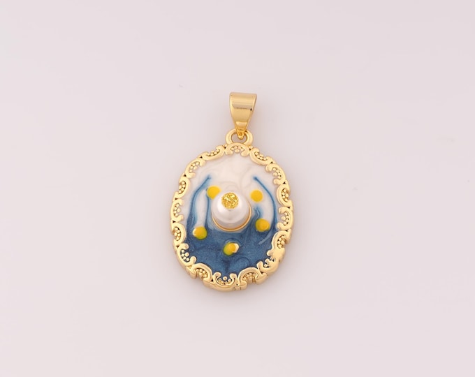 1 pcs Gold Enamel Mirror Pendant,18K Gold Filled Round Charm,Mirror Charms DIY Bracelet Necklace Jewelry Making Findings Supply