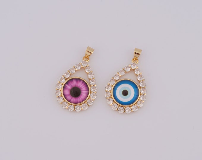 1 pcs Gold CZ Evil Eye Pendant,18K Gold Filled Water Drop Charm,Eye Charm DIY Bracelet Necklace Jewelry Making Findings Supply