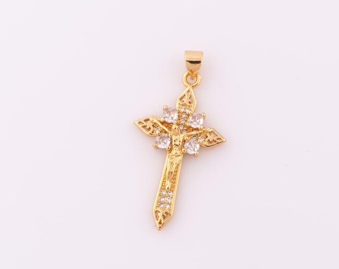 1 pcs Gold CZ Cross Pendant,18K Gold Filled Religion Charm,Victim Charm DIY Bracelet Necklace Jewelry Making Findings Supply