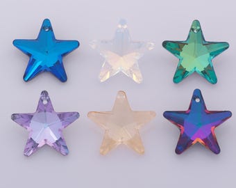 May include: Six faceted star-shaped beads in various colors: blue, iridescent white, green, lavender, peach, and a dark blue with rainbow iridescence. Each bead has a hole for stringing. Ideal for jewelry making or craft projects.