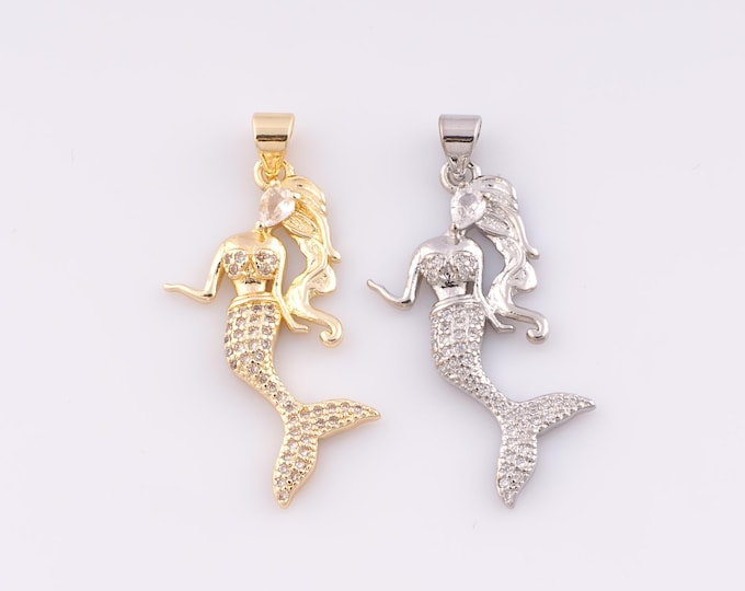 1 pcs Gold CZ Mermaid Pendant,18K Gold Filled Marine Life Charm,Mermaid Charms,DIY Bracelet Necklace Jewelry Making Findings Supply
