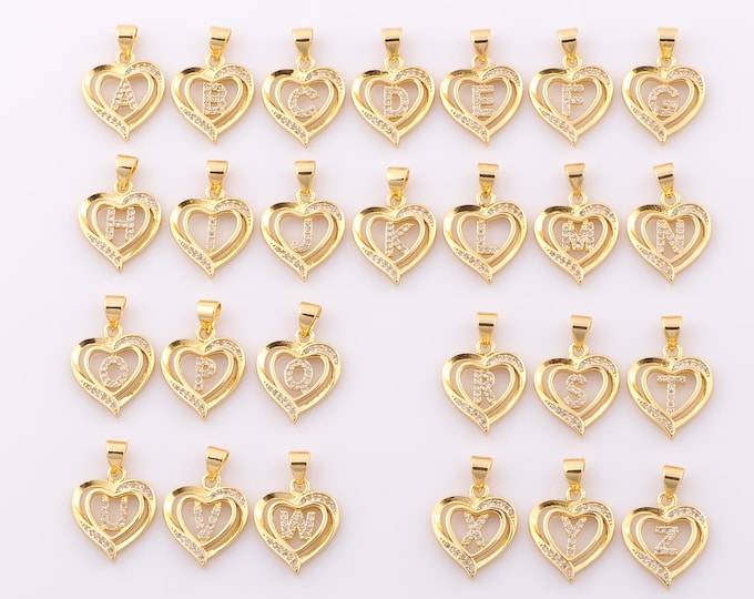 1 pcs Gold CZ Letters Pendant,18K Gold Filled Heart Charm,Initial Charm DIY Bracelet Necklace Jewelry Making Findings Supply