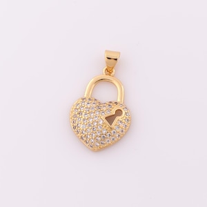 1 pcs Gold CZ Heart Pendant,18K Gold Filled Lock Charm,Heart Charm DIY Bracelet Necklace Jewelry Making Findings Supply