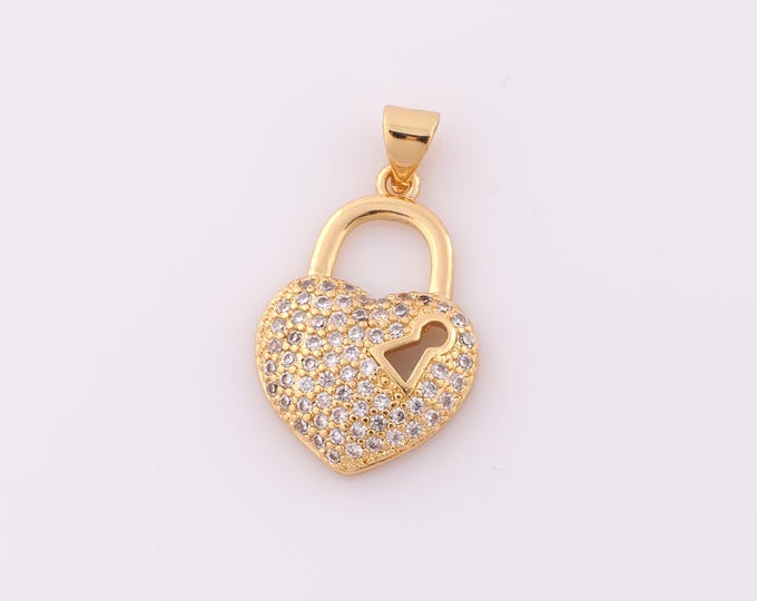 1 pcs Gold CZ Heart Pendant,18K Gold Filled Lock Charm,Heart Charm DIY Bracelet Necklace Jewelry Making Findings Supply