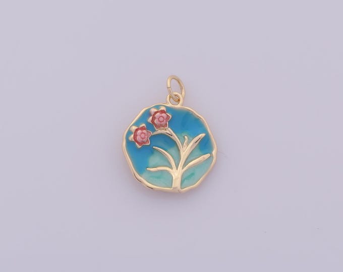 1 pcs Gold Enamel Flower Pendant,18K Gold Filled Round Charm,Flower Charms DIY Bracelet Necklace Jewelry Making Findings Supply