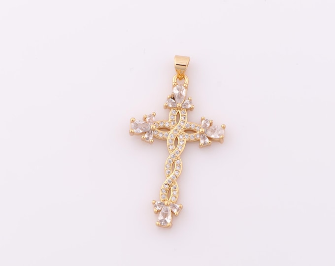 1 pcs Gold CZ Cross Pendant,18K Gold Filled Religion Charm,Christian Charm DIY Bracelet Necklace Jewelry Making Findings Supply