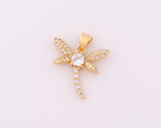 1 pcs Gold CZ Dragonfly Pendant,18K Gold Filled Dragonfly Charm,Dragonfly Charm DIY Bracelet Necklace Jewelry Making Findings Supply