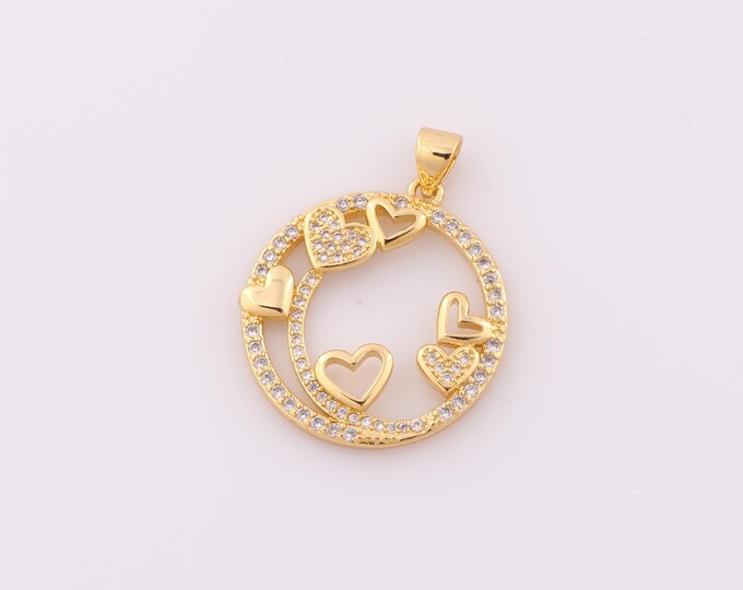 1 pcs Gold CZ Heart Pendant,18K Gold Filled Round Charm,Heart Charm DIY Bracelet Necklace Jewelry Making Findings Supply