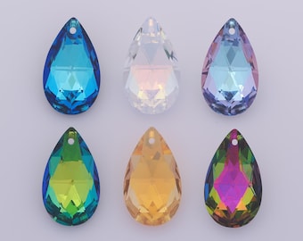 May include: Six teardrop-shaped crystal pendants in various colors. The colors include blue, clear, purple, green, yellow, and a multicolored iridescent. Each pendant has a hole at the top for stringing.