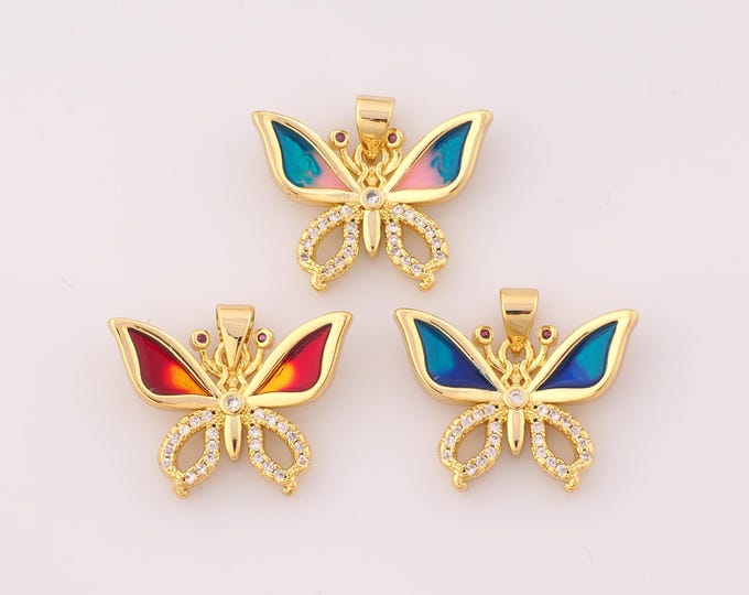 1 pcs Gold Enamel Butterfly Pendant,18K Gold Filled Insect Charm,CZ Butterfly Charms DIY Bracelet Necklace Jewelry Making Findings Supply