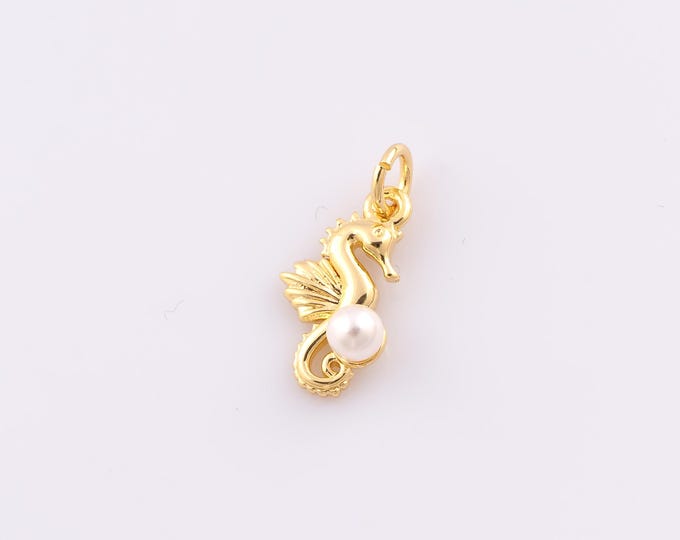 1 pcs Gold Seahorse Pendant,18K Gold Filled Pearl Charm,Seahorse Charms,DIY Bracelet Necklace Jewelry Making Findings Supply