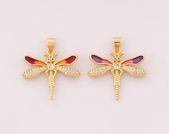 1 pcs Gold Enamel Dragonfly Pendant,18K Gold Filled Insect Charm,CZ Dragonfly Charms DIY Bracelet Necklace Jewelry Making Findings Supply