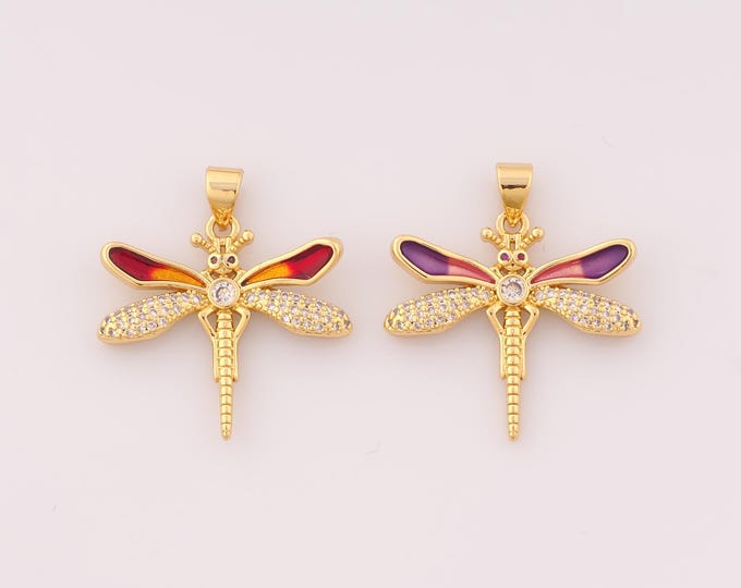 1 pcs Gold Enamel Dragonfly Pendant,18K Gold Filled Insect Charm,CZ Dragonfly Charms DIY Bracelet Necklace Jewelry Making Findings Supply