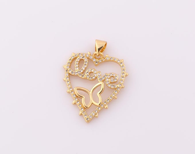 1 pcs Gold CZ LOVE Pendant,18K Gold Filled Heart Charm,Butterfly Charm DIY Bracelet Necklace Jewelry Making Findings Supply