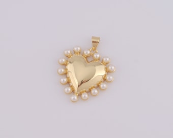 1 pcs Gold Heart Pendant,18K Gold Filled Pearl Charm,Heart Charm DIY Bracelet Necklace Jewelry Making Findings Supply