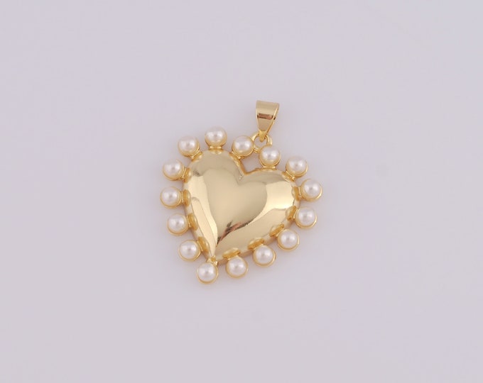 1 pcs Gold Heart Pendant,18K Gold Filled Pearl Charm,Heart Charm DIY Bracelet Necklace Jewelry Making Findings Supply