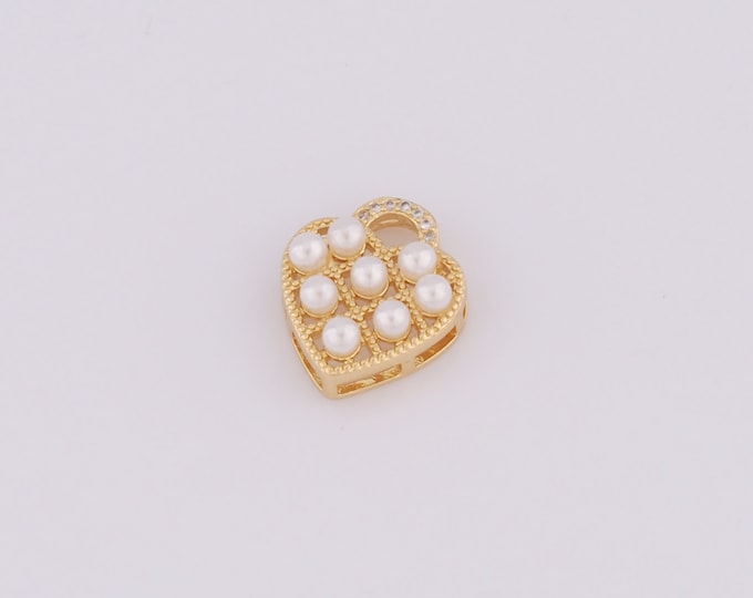 1 pcs Gold CZ Heart Pendant,18K Gold Filled Pearl Charm,Heart Charm DIY Bracelet Necklace Jewelry Making Findings Supply