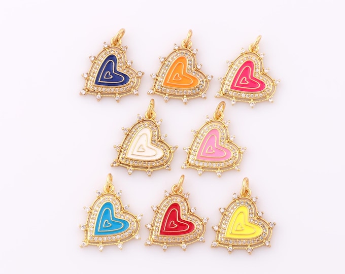 1 pcs Gold CZ Heart Pendant,18K Gold Filled Heart Charm,Enamel Heart Charm DIY Bracelet Necklace Jewelry Making Findings Supply