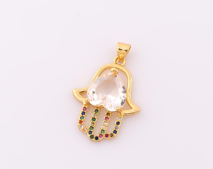 1 pcs Gold CZ Hamsa Pendant,18K Gold Filled Fatima Charm,Hand Charm DIY Bracelet Necklace Jewelry Making Findings Supply