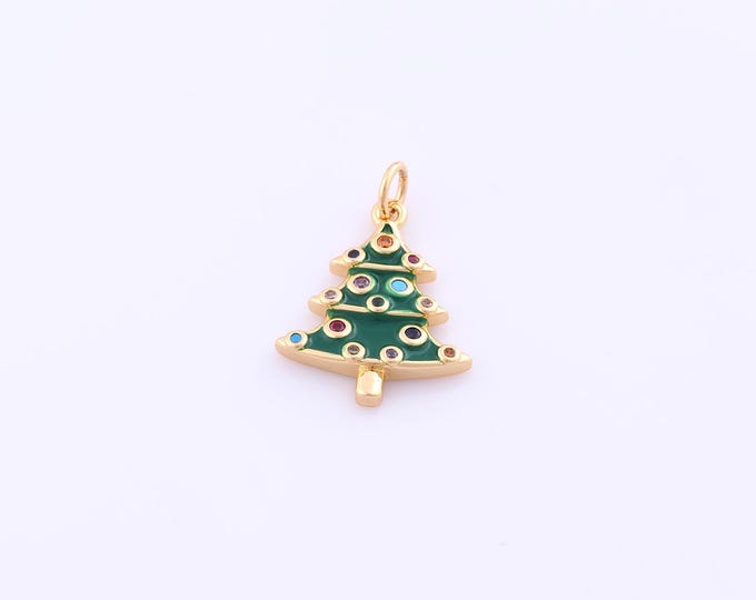 1 pcs Enamel Christmas Tree Pendant,18K Gold Filled Tree Charm,CZ Christmas Charms DIY Bracelet Necklace Jewelry Making Findings Supply