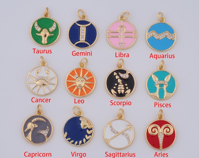 1 pcs Gold CZ Zodiac Constellations Pendant,18K Gold Filled Horoscope Charm,DIY Bracelet Necklace Jewelry Making Findings Supply