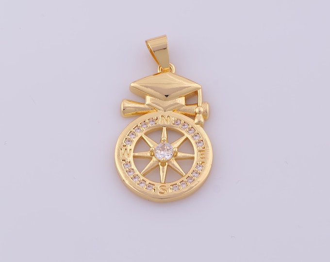 1 pcs Gold CZ Doctoral Cap Pendant,18K Gold Filled Compass Charm,Direction Charms DIY Bracelet Necklace Jewelry Making Findings Supply
