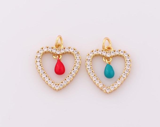 1 pcs Gold Enamel Heart Pendant,18K Gold Filled Water Drop Charm,CZ Heart Charm DIY Bracelet Necklace Jewelry Making Findings Supply