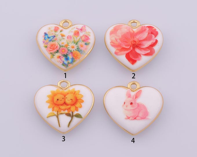 1 pcs Enamel Heart Pendant,18K Gold Filled Flower Charm,Rabbit Charms DIY Necklace Jewelry Making Finding Supply