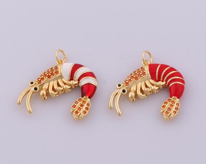 1 pcs Enamel Shrimp Pendant,18K Gold Filled Marine Life Charm,CZ Shrimp Charms DIY Bracelet Necklace Jewelry Making Findings Supply