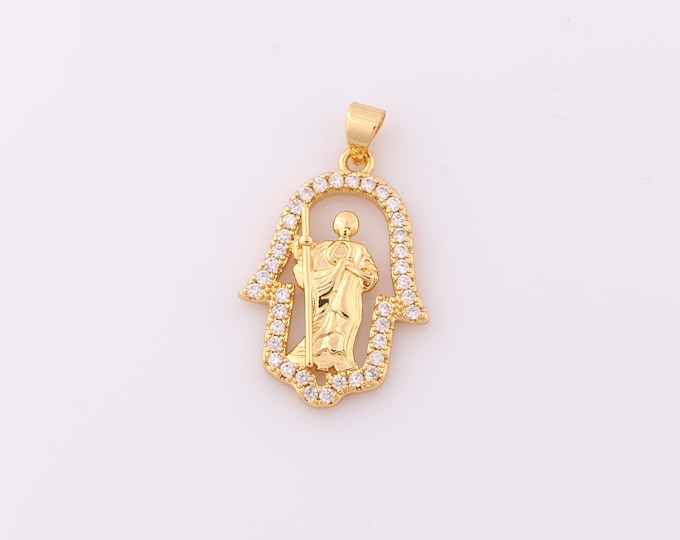 1 pcs Gold CZ St.Juda Pendant,18K Gold Filled Hamsa Charm,Saint Jude Charm DIY Bracelet Necklace Jewelry Making Findings Supply
