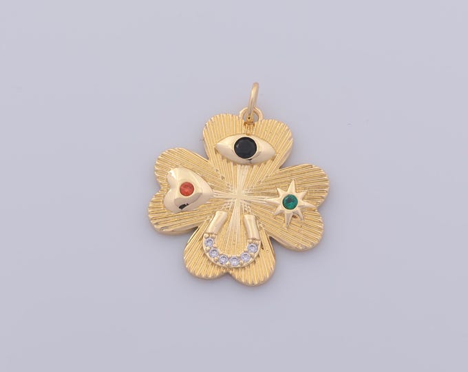 1 pcs Gold CZ Lucky Grass Pendant,18K Gold Filled Evil Eye Charm,Heart Charms DIY Bracelet Necklace Jewelry Making Findings Supply