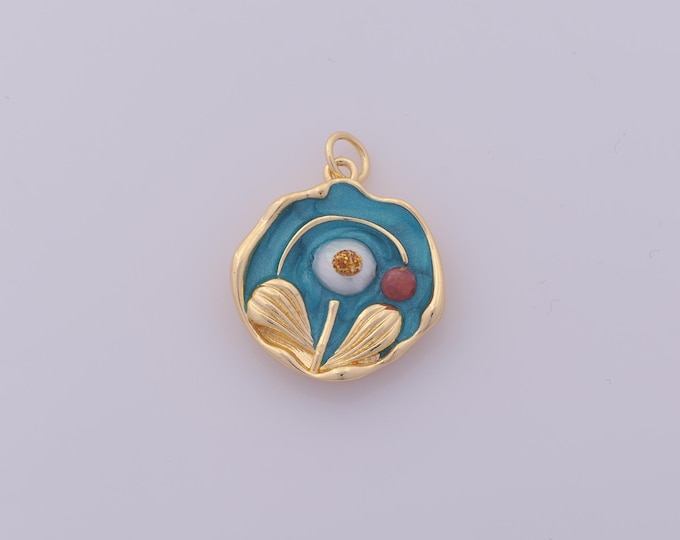 1 pcs Gold Enamel Flower Pendant,18K Gold Filled Round Charm,Leaf Charms DIY Bracelet Necklace Jewelry Making Findings Supply