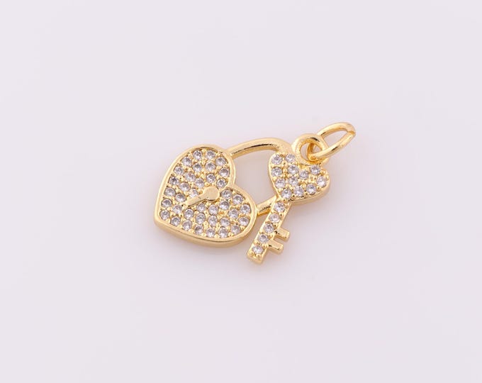 1 pcs Gold CZ Lock Pendant,18K Gold Filled Heart Charm,Key Charm DIY Bracelet Necklace Jewelry Making Findings Supply