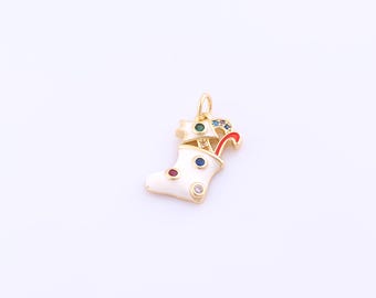 1 pcs Gold CZ Christmas Stocking Pendant,18K Gold Filled Enamel Stocking Charm,DIY Bracelet Necklace Jewelry Making Findings Supply