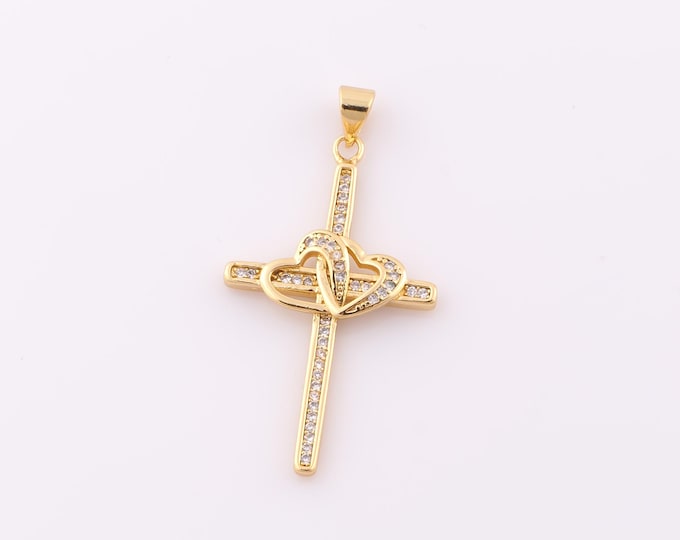 1 pcs Gold CZ Cross Pendant,18K Gold Filled Religion Charm,Heart Charm DIY Bracelet Necklace Jewelry Making Findings Supply