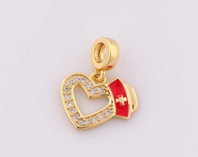 1 pcs Gold CZ Nurse Hat Pendant,18K Gold Filled Heart Charm,Enamel Nurse Hat Charm DIY Bracelet Necklace Jewelry Making Findings Supply