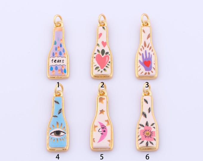 1 pcs Gold Enamel Wine Bottle Pendant,18K Gold Filled Heart Flower Charm,Moon Charms DIY Bracelet Necklace Jewelry Making Findings Supply