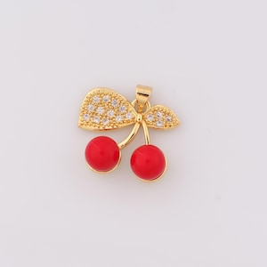 1 pcs Gold Enamel Cherry Pendant,18K Gold Filled CZ Fruit Charm,Cherry Charms,DIY Bracelet Necklace Jewelry Making Findings Supply