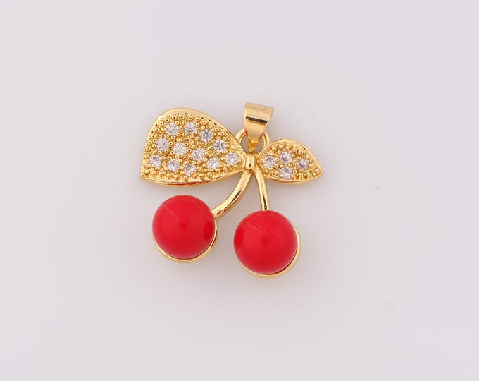 1 pcs Gold Enamel Cherry Pendant,18K Gold Filled CZ Fruit Charm,Cherry Charms,DIY Bracelet Necklace Jewelry Making Findings Supply