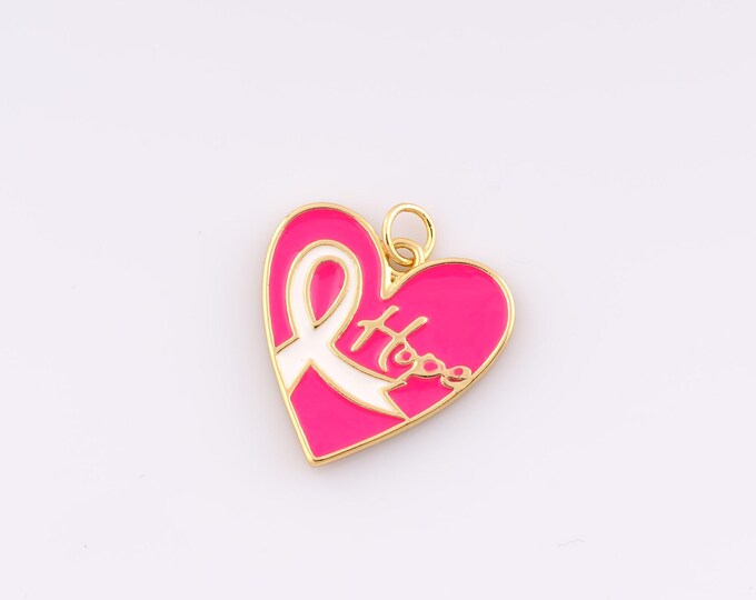 Gold Enamel Breast Cancer Awareness Silk Ribbon Pendant,18K Gold Filled Heart Charm DIY Bracelet Necklace Jewelry Making Findings Supply