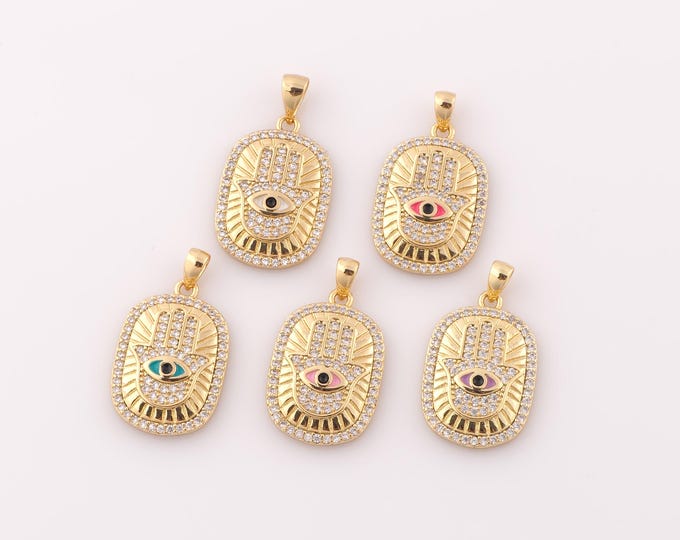 1 pcs Gold CZ Evil Eye Pendant,18K Gold Filled Hamsa Charm,Devil Eye Charm DIY Bracelet Necklace Jewelry Making Findings Supply