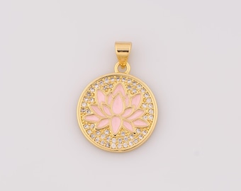 1 pcs Gold Enamel Lotus Pendant,18K Gold Filled Lotus Charm,CZ Lotus Charms DIY Bracelet Necklace Jewelry Making Findings Supply