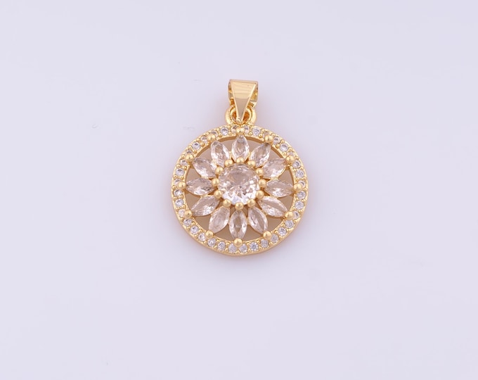1 pcs Gold CZ Flower Pendant,18K Gold Filled Round Charm,Flower Charms DIY Bracelet Necklace Jewelry Making Findings Supply