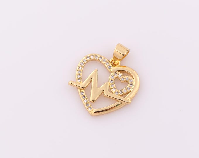 1 pcs Gold CZ Heart Pendant,18K Gold Filled Heartbeat Charm,Heart Charm DIY Bracelet Necklace Jewelry Making Findings Supply