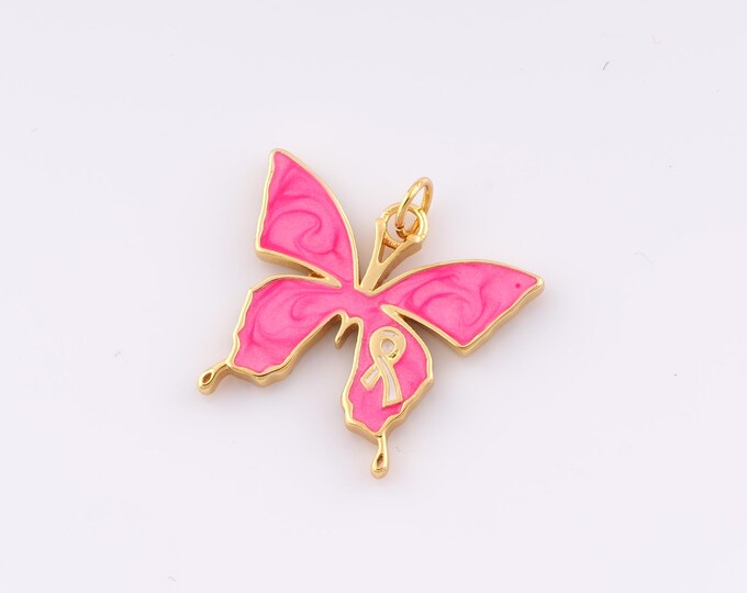 Gold Enamel Breast Cancer Awareness Silk Ribbon Pendant,18K Gold Filled Butterfly Charm DIY Bracelet Necklace Jewelry Making Findings Supply