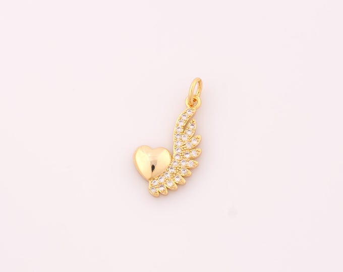 1 pcs Gold Heart Love Pendant,18K Gold Filled Angel Wings Charm,CZ Animal Wings Charms DIY Bracelet Necklace Jewelry Making Findings Supply